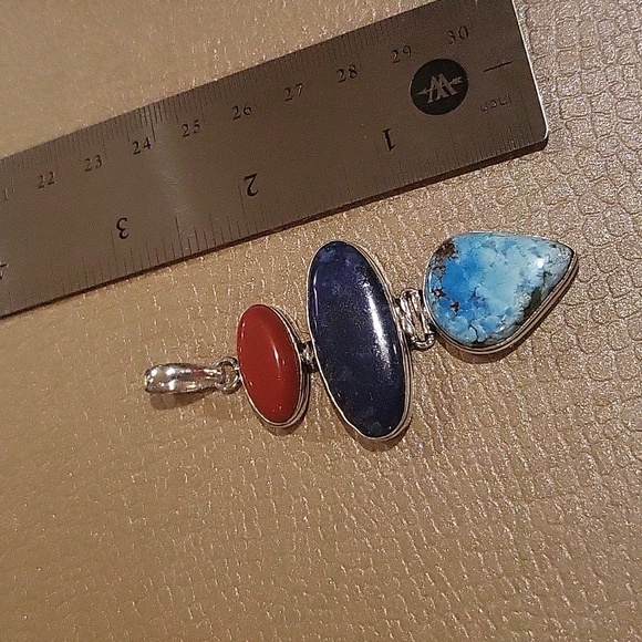 Beautiful Turquoise, Lapis, & Red Coral Pendant - Picture 4 of 4